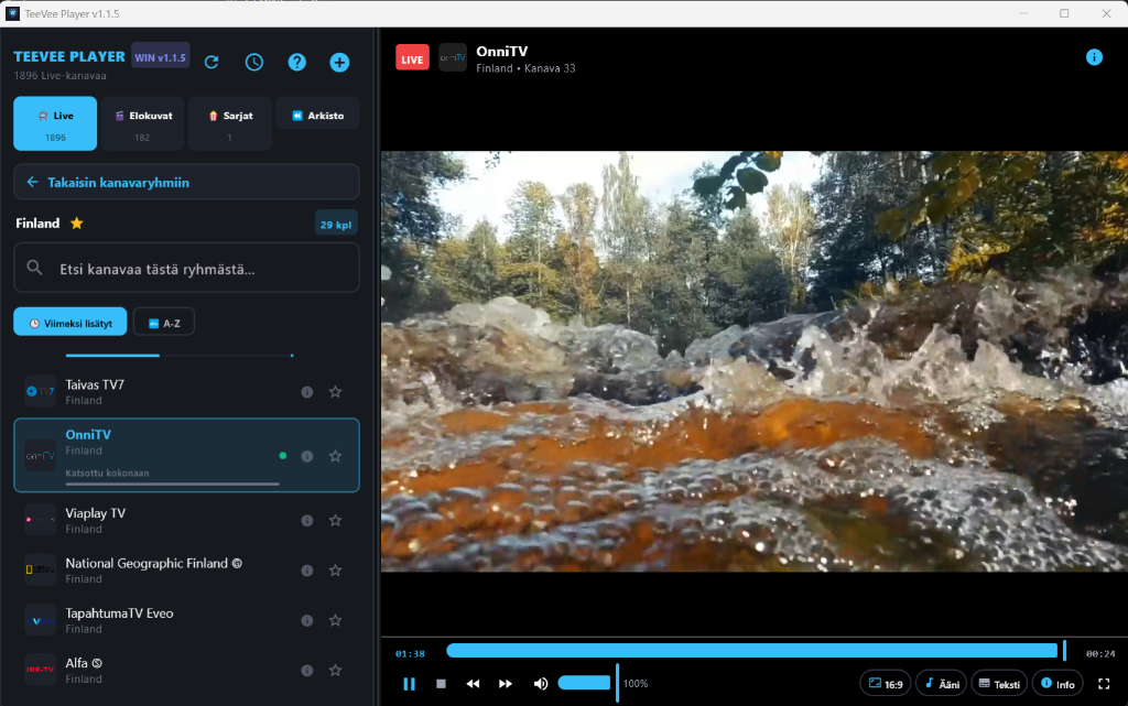 TeeVee Player selkeä soittonäkymä